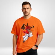 Front view of Kenshin Oversized T-Shirt showing anime-style battle stance with bold kanji artwork