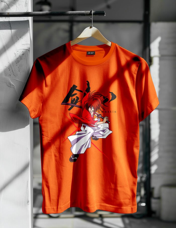 Kenshin Oversized T Shirt Orange Design – Anime Samurai Print hanger